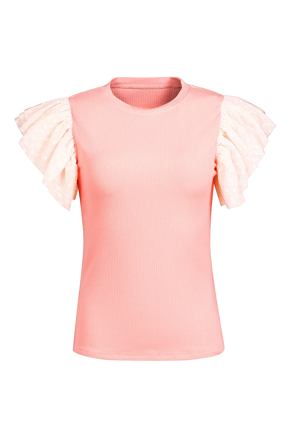 Pink Dot Mesh Ruffle Knit Top
