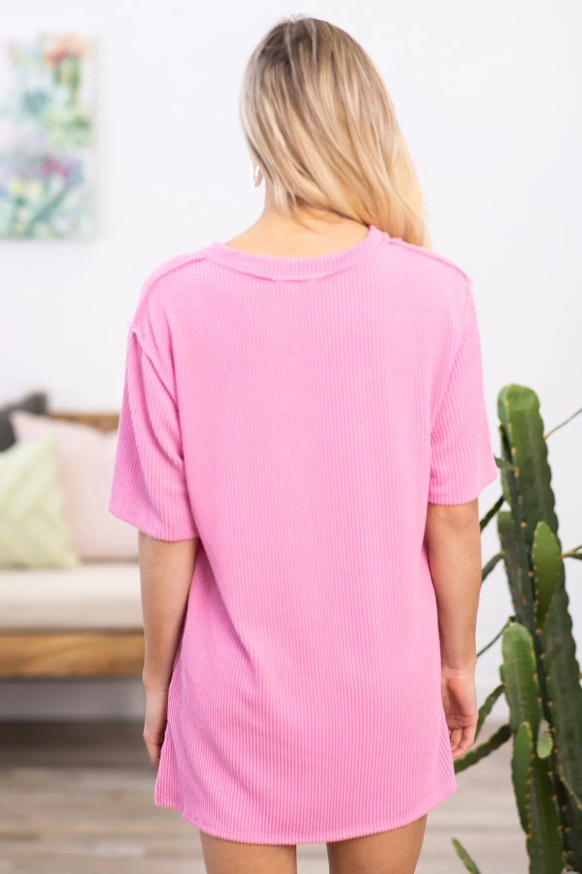 Pink Ribbed Knit V-Neck T-Shirt Dress