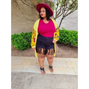 Plus-Size High Waist Distressed Black Tassel Jean Shorts