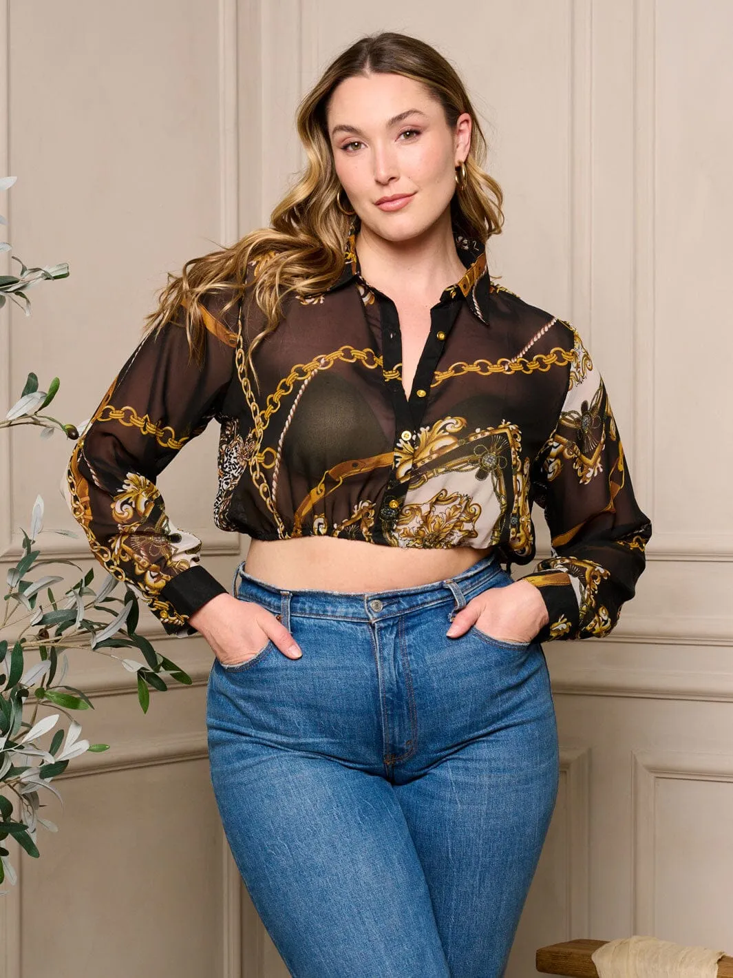 PLUS SIZE LONG SLEEVE BUTTON UP MULTI PRINT CROP TOP