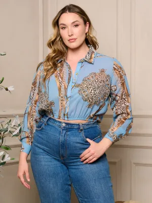 PLUS SIZE LONG SLEEVE BUTTON UP MULTI PRINT CROP TOP
