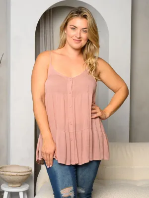 PLUS SIZE SLEEVELESS TIERED BUTTON UP TANK TOP