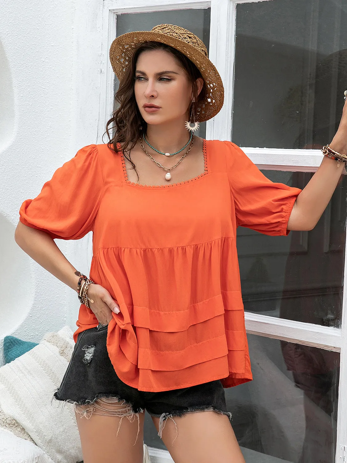 Plus Size Square Neck Half Sleeve Blouse (2 Colors)