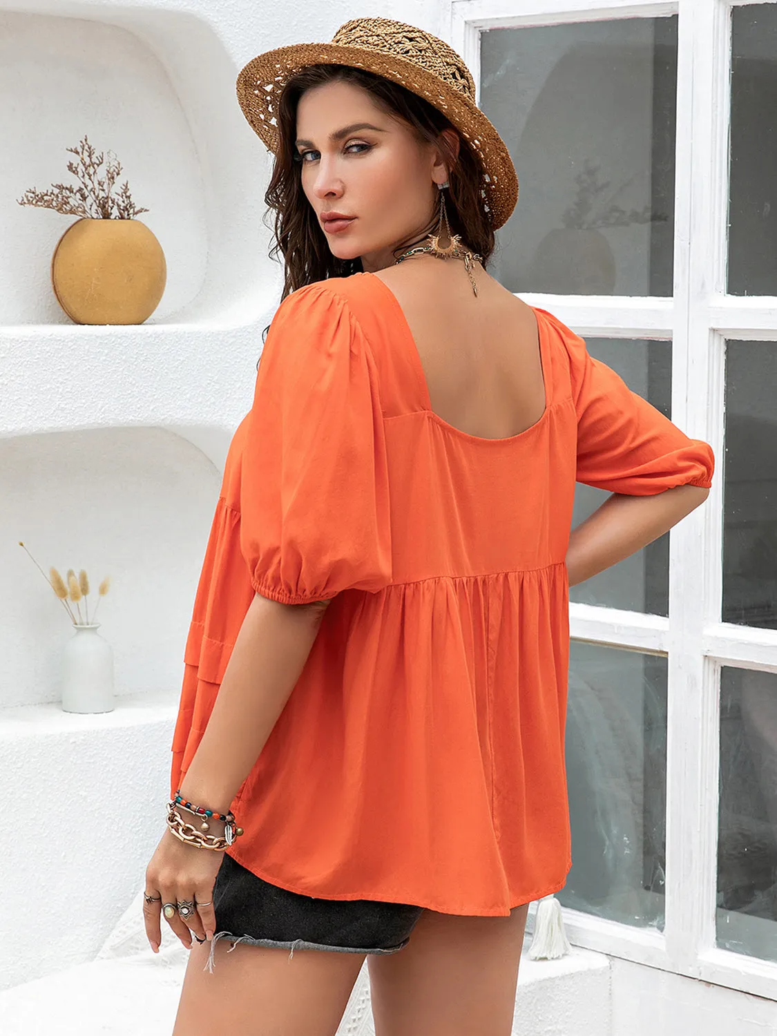 Plus Size Square Neck Half Sleeve Blouse (2 Colors)