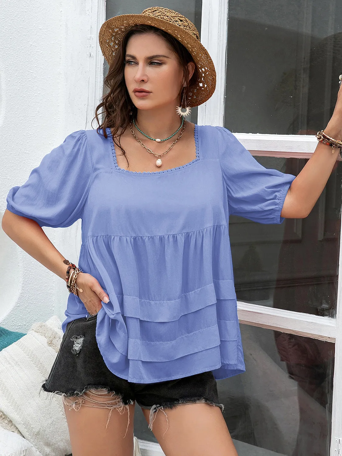 Plus Size Square Neck Half Sleeve Blouse (2 Colors)