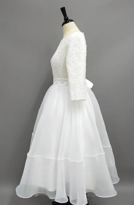 Plus Size Tea Length Lace and Organza Wedding Dresses with 3-4 Long Sleeves-Z715428