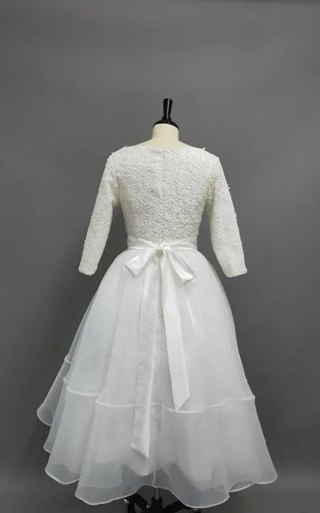 Plus Size Tea Length Lace and Organza Wedding Dresses with 3-4 Long Sleeves-Z715428