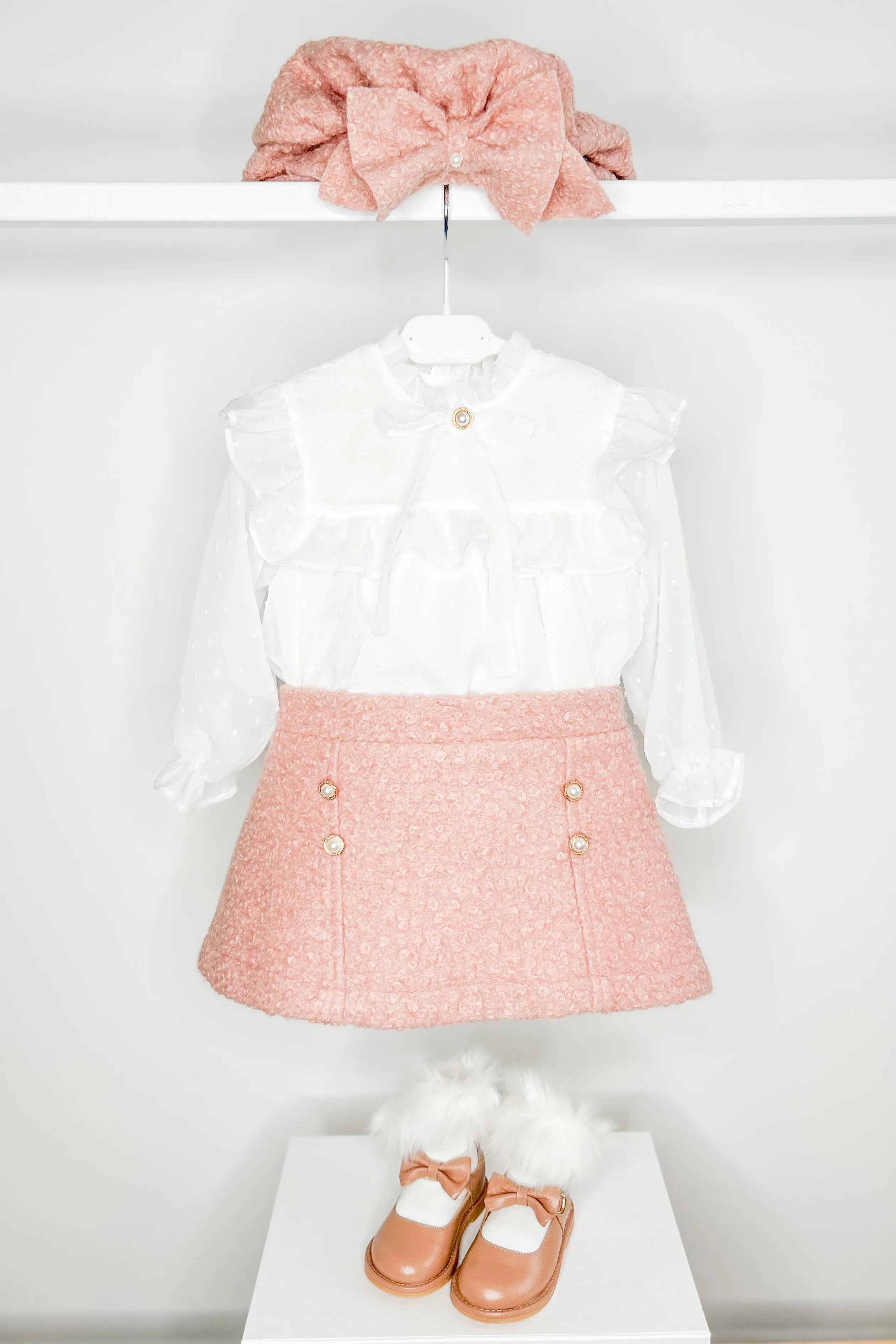 "Blaire" Blouse & Dusky Pink Bouclé Skirt
