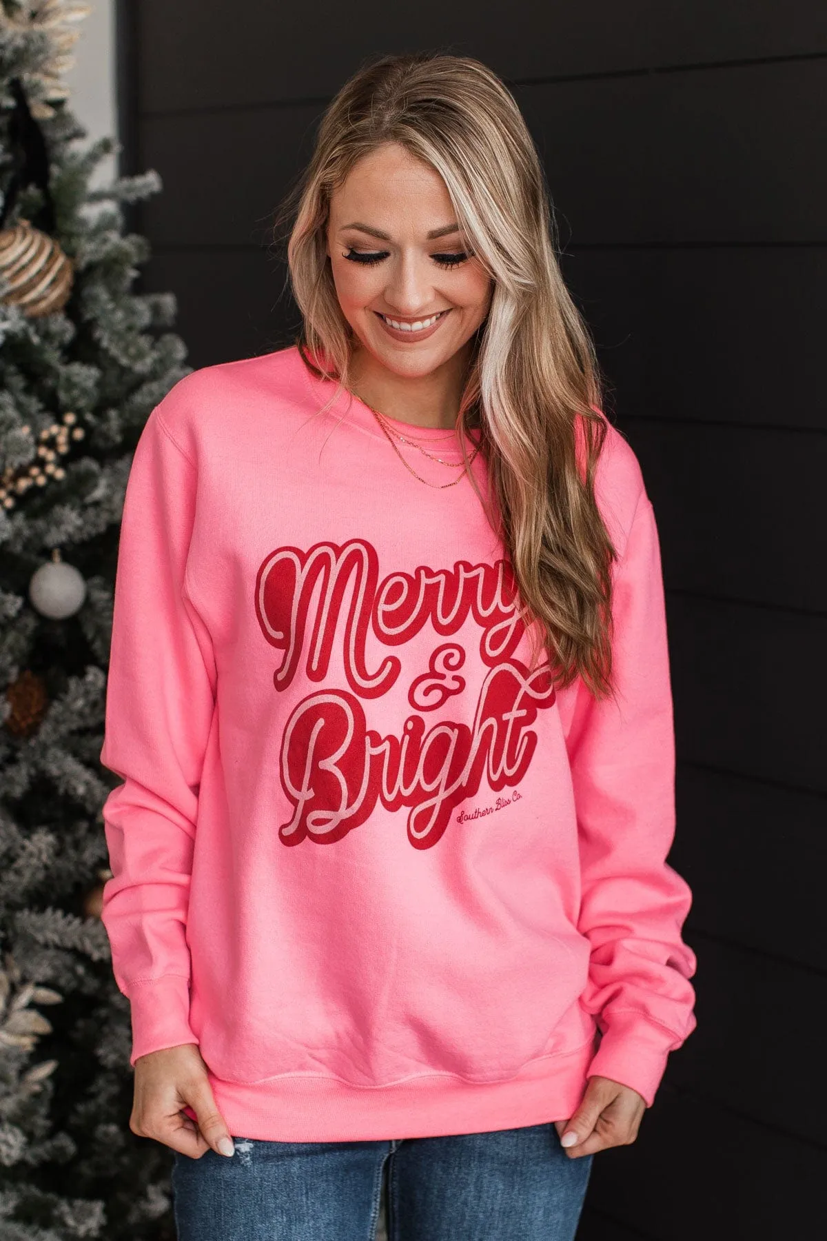 "Merry & Bright" Crew Neck Pullover- Neon Pink
