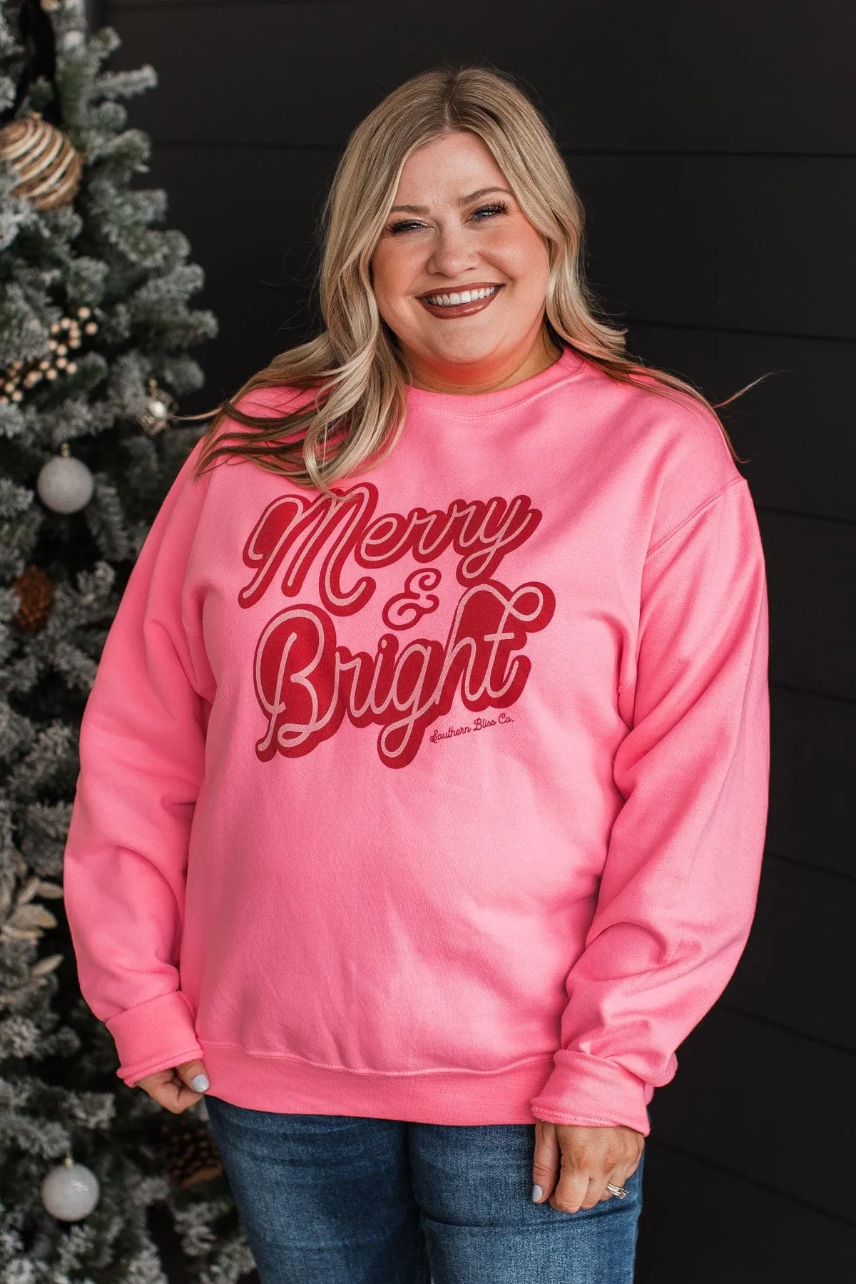 "Merry & Bright" Crew Neck Pullover- Neon Pink
