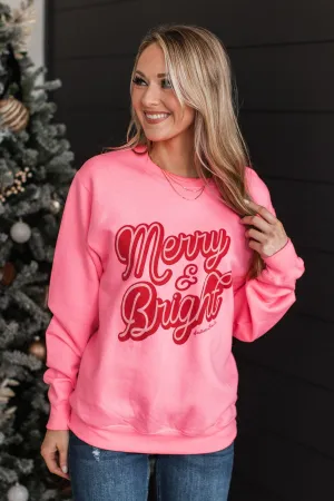 "Merry & Bright" Crew Neck Pullover- Neon Pink