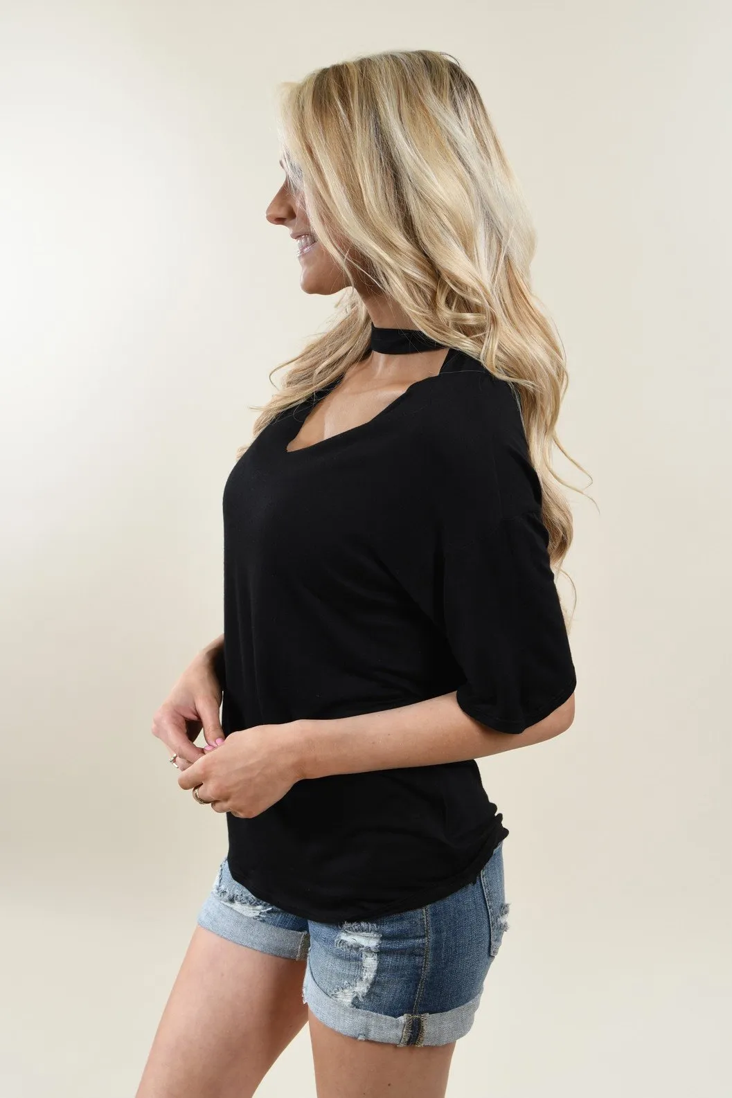 Raw Edge Mock Neck Top ~ Black