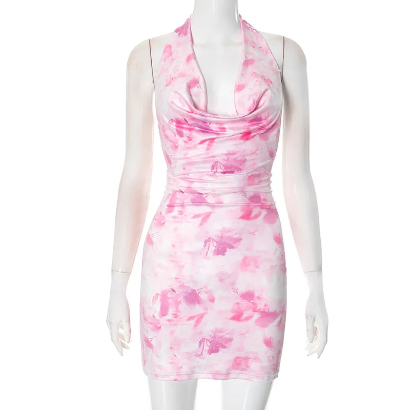 REALAIOT  Sanhu Lianjiang F24DS363 2025 women's clothing tie-dye printing neck halter sexy babes hip-wrapped short skirt wholesale