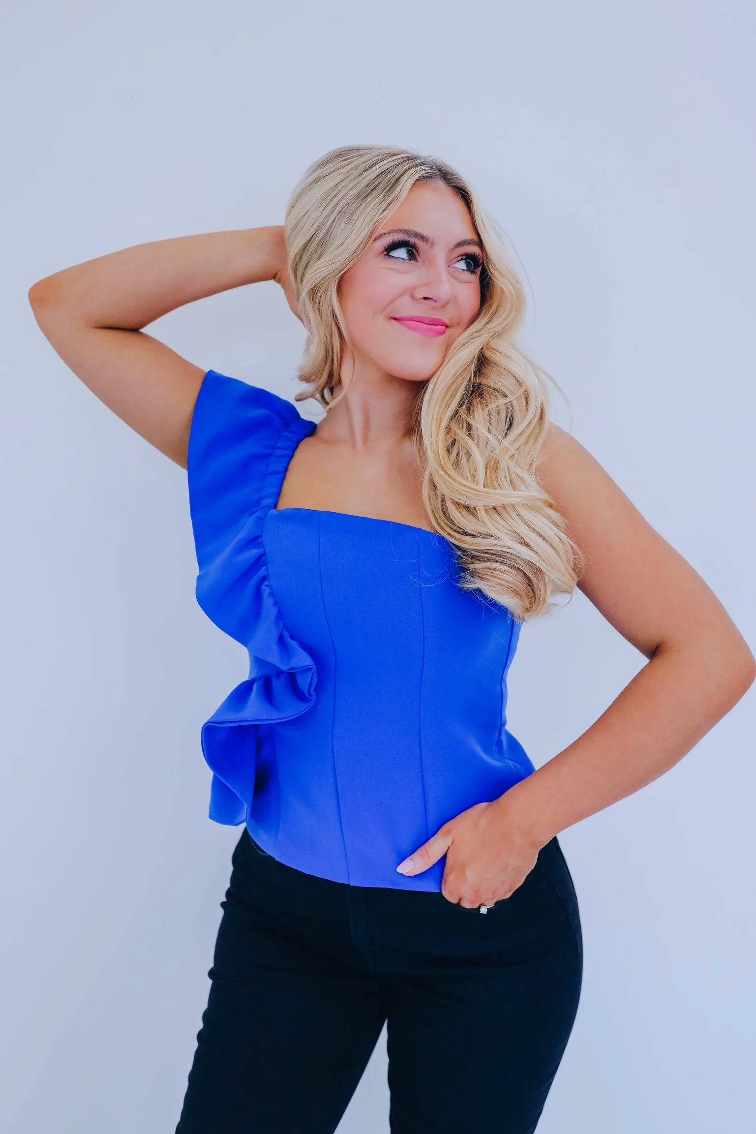 Reva Ruffle One Shoulder Peplum Top - Blue