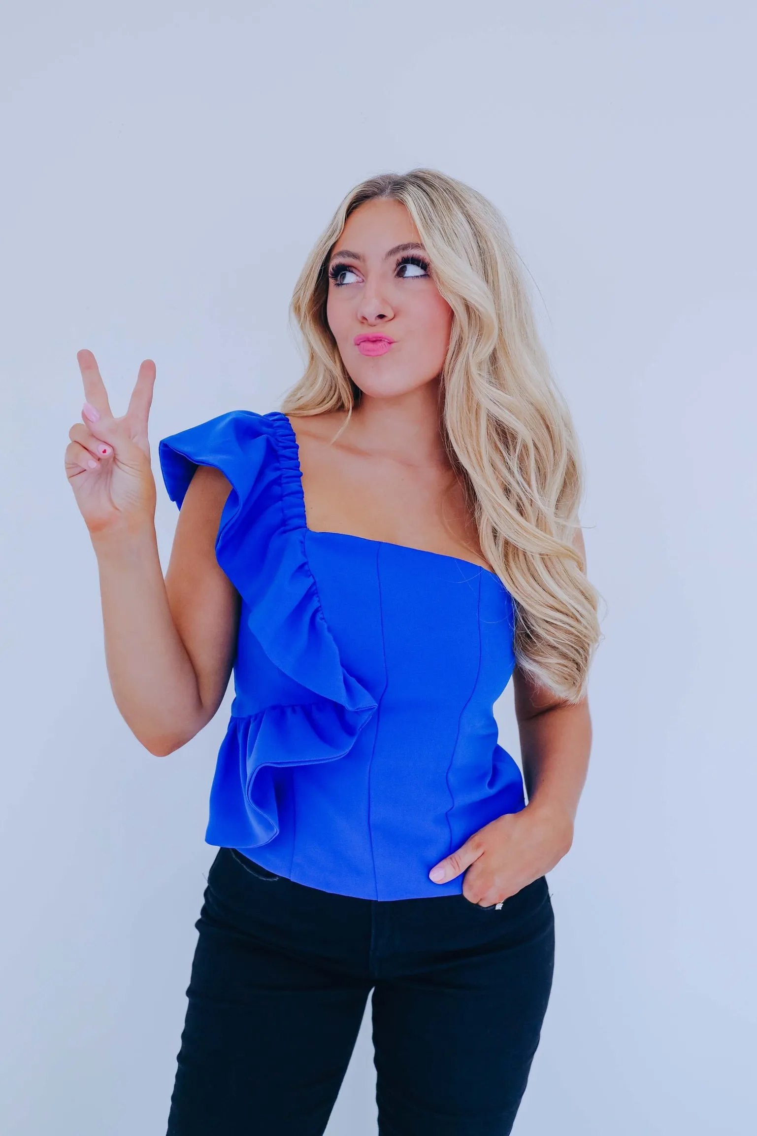 Reva Ruffle One Shoulder Peplum Top - Blue