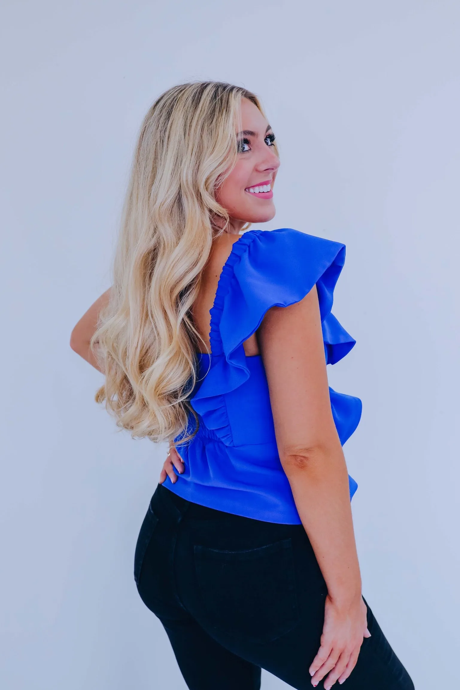 Reva Ruffle One Shoulder Peplum Top - Blue