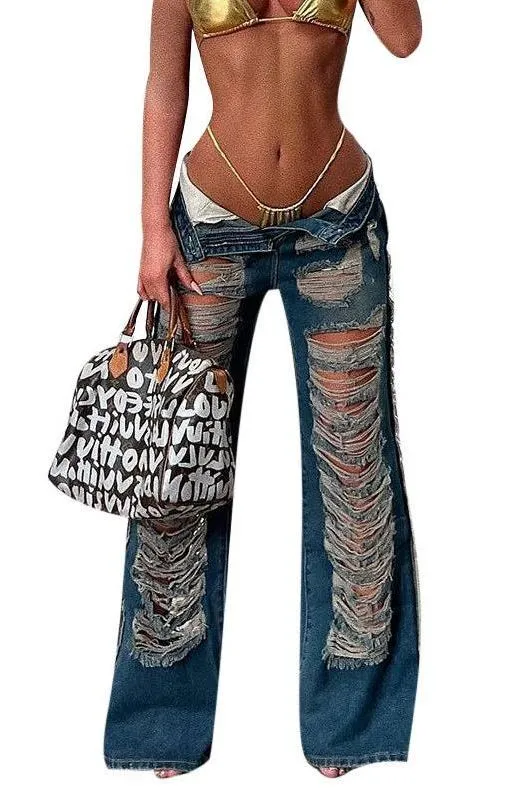Ripped old straight jeans