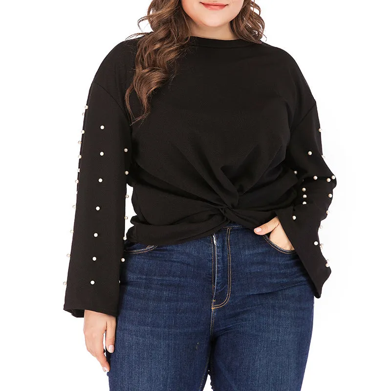 Round Neck Pullover Pearl Sleeve Black Bottoming T-shirt Top Plus Size