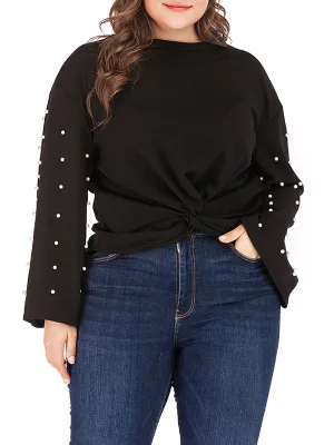 Round Neck Pullover Pearl Sleeve Black Bottoming T-shirt Top Plus Size