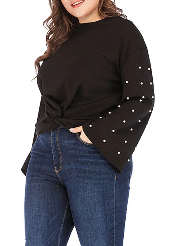 Round Neck Pullover Pearl Sleeve Black Bottoming T-shirt Top Plus Size