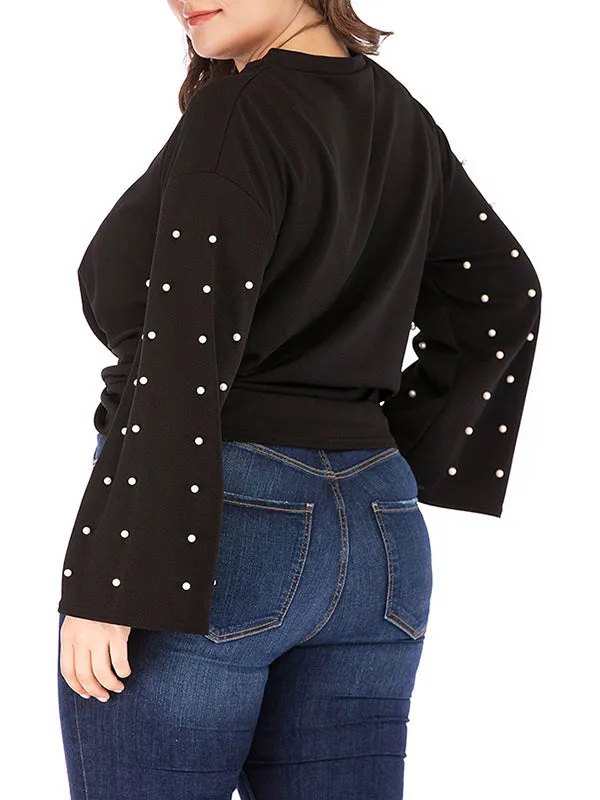 Round Neck Pullover Pearl Sleeve Black Bottoming T-shirt Top Plus Size