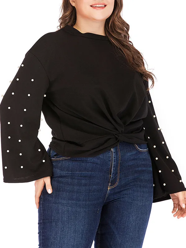 Round Neck Pullover Pearl Sleeve Black Bottoming T-shirt Top Plus Size