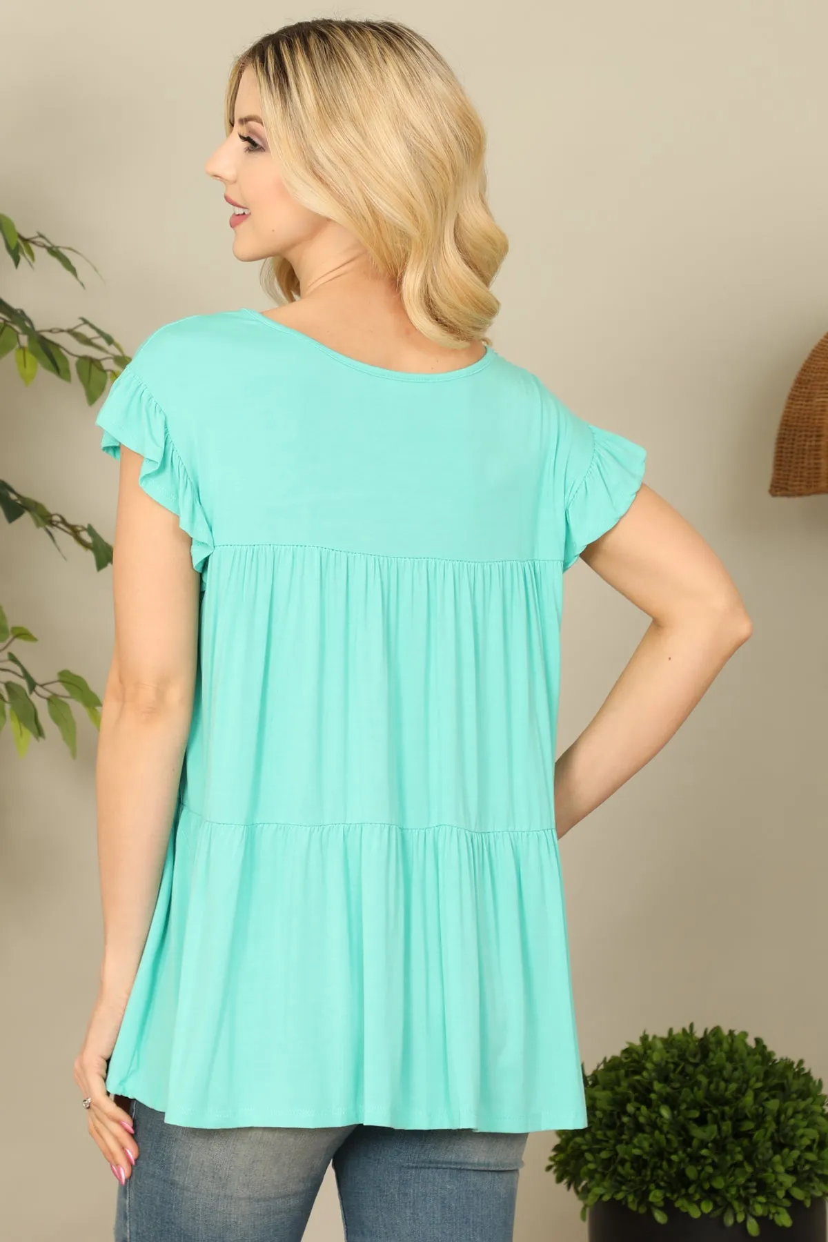 Ruffle Short Sleeve Boat Neck Tiered Solid Top
