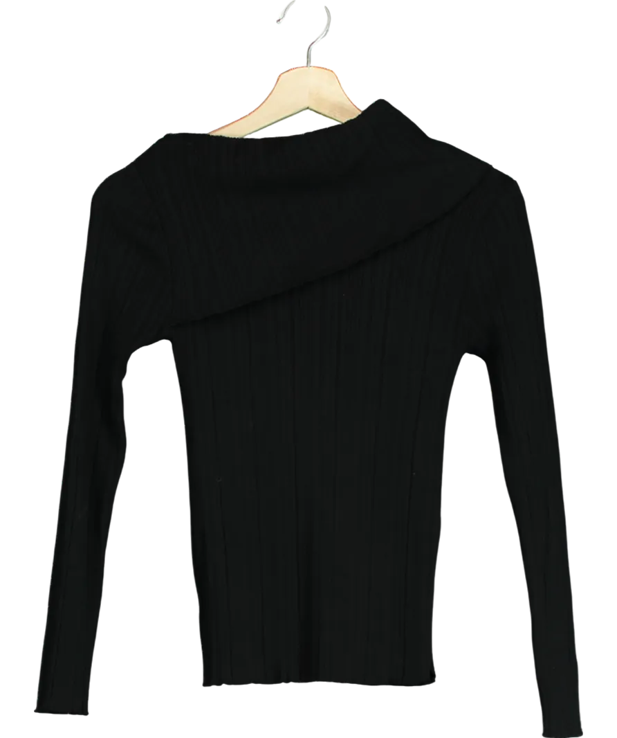 S_A Studio Black Ribbed Fold Neck Split Side Top UK S/M