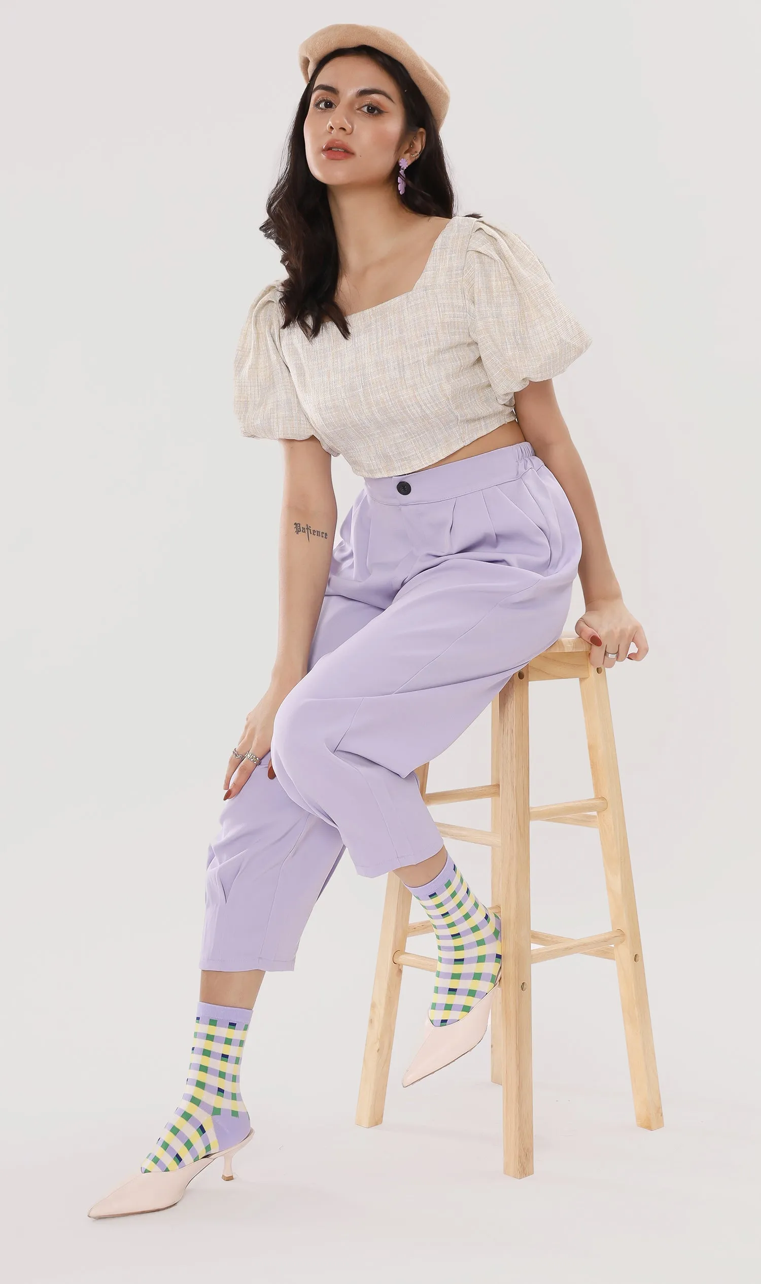 SASHA Tweed Puff-Sleeve Crop Top (Oat)