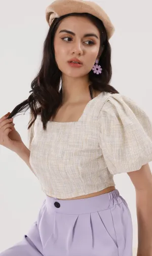 SASHA Tweed Puff-Sleeve Crop Top (Oat)