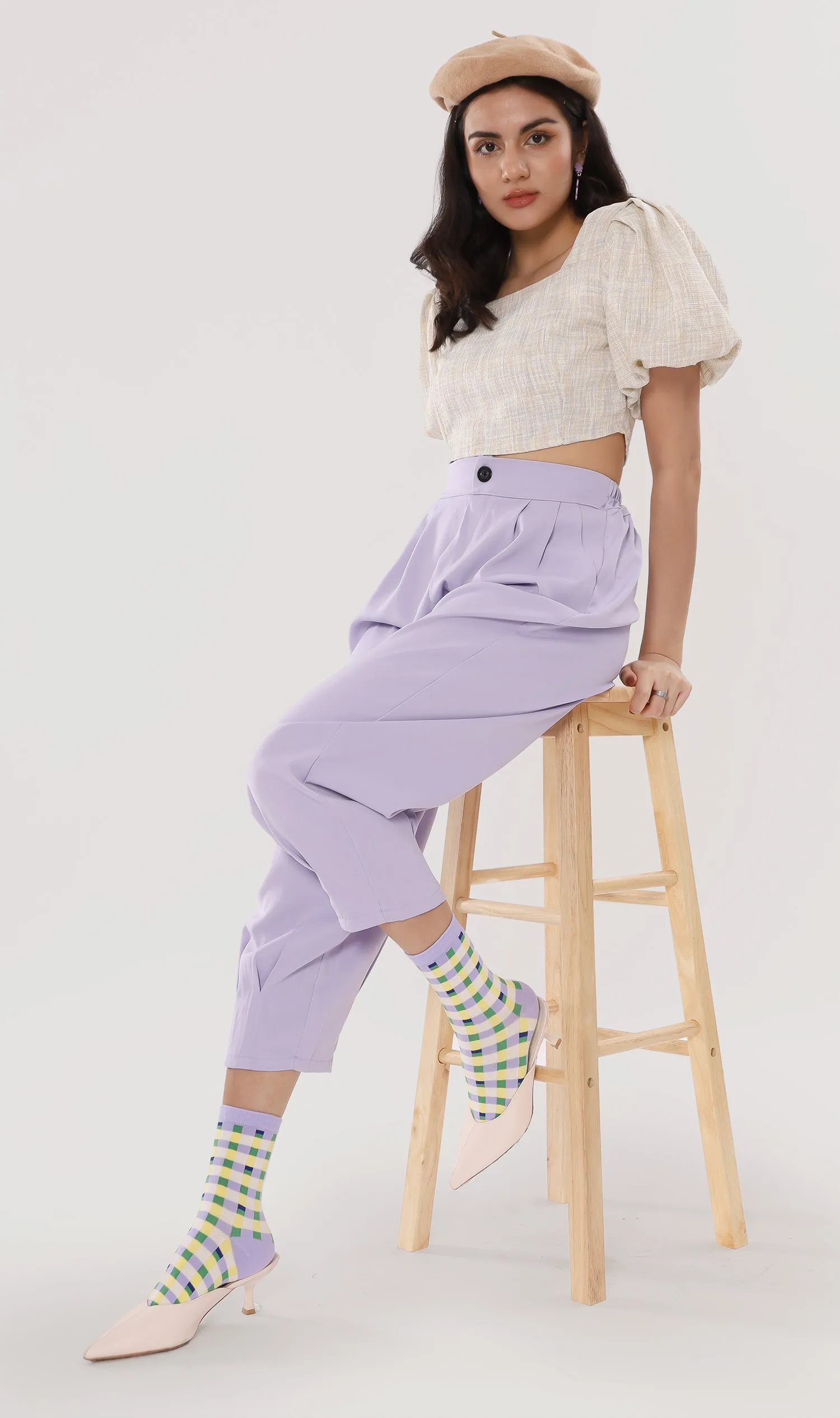 SASHA Tweed Puff-Sleeve Crop Top (Oat)