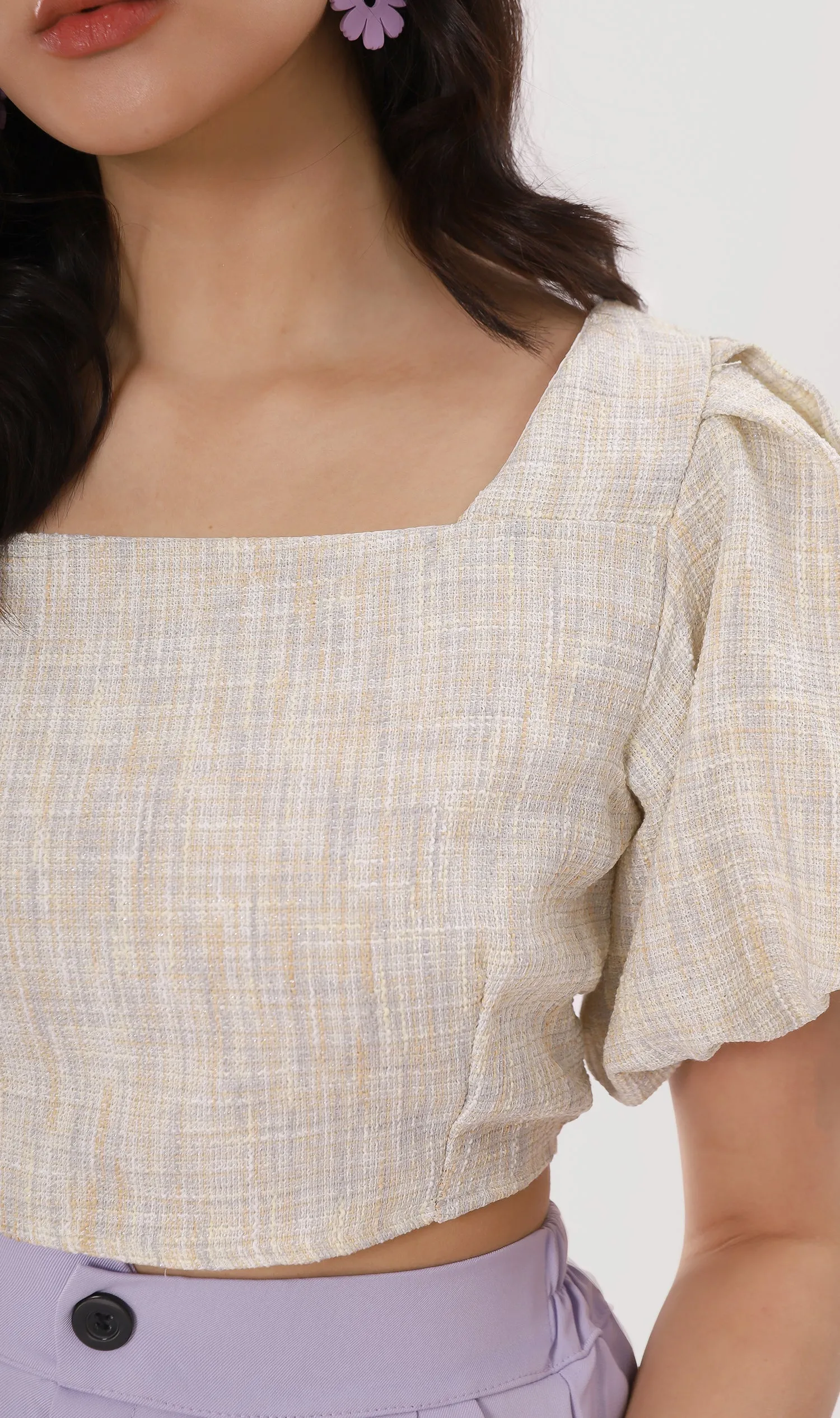 SASHA Tweed Puff-Sleeve Crop Top (Oat)