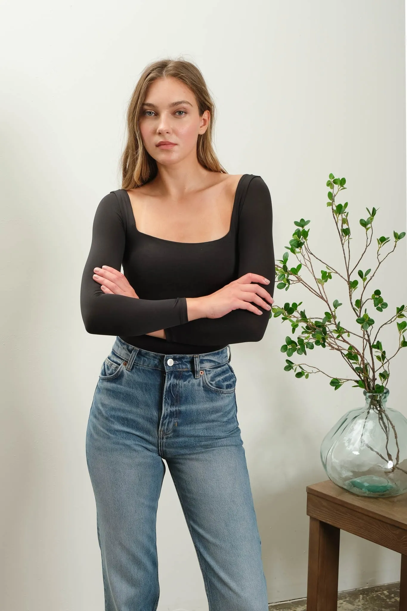 Seamless Square Neck Long Sleeve Knit Bodysuit