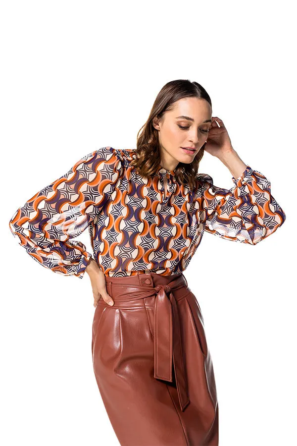 SEMI-SHEER BROWN GEOMETRIC PRINT LOOSE BLOUSE
