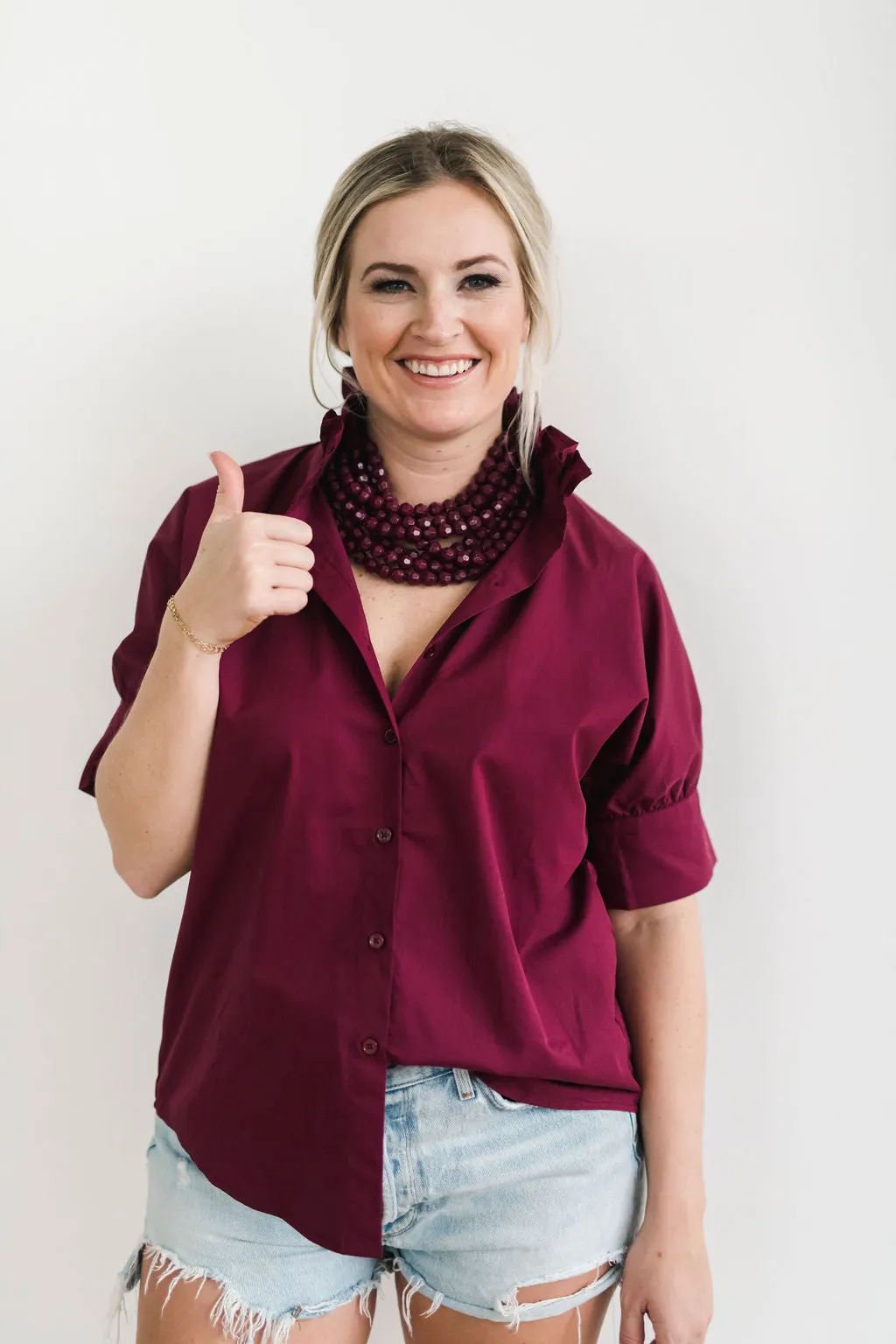 Short Sleeve Ruffle Shirt Maroon