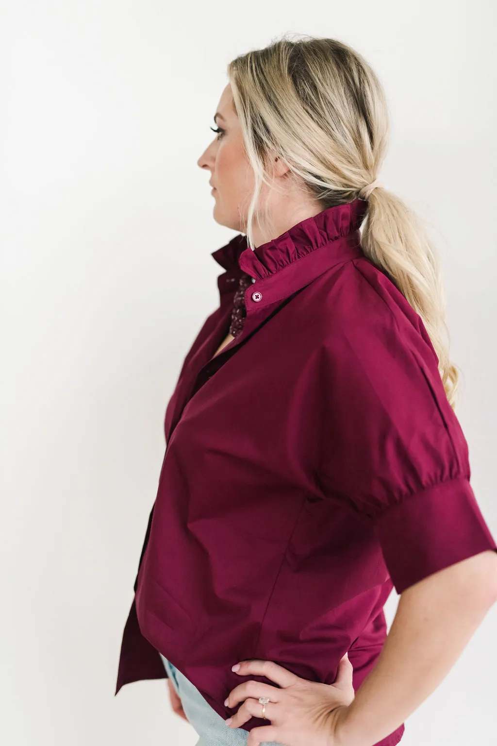 Short Sleeve Ruffle Shirt Maroon