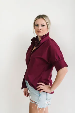 Short Sleeve Ruffle Shirt Maroon