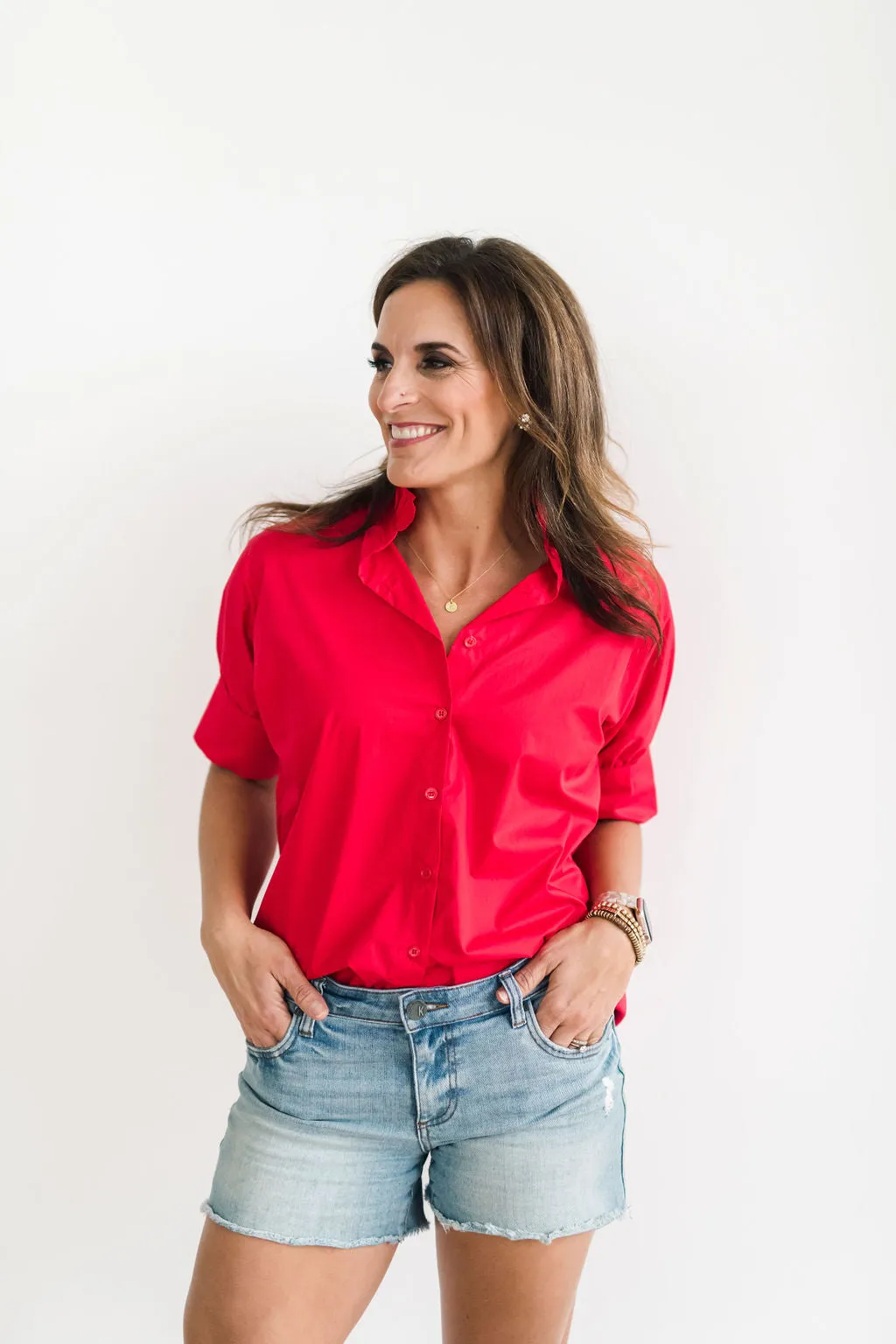 Short Sleeve Ruffle Shirt Red