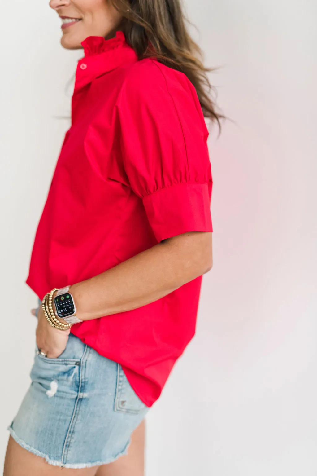 Short Sleeve Ruffle Shirt Red