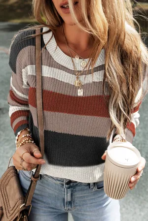 Simply Taupe Ribbed Round Neck Color Block Knitted Sweater