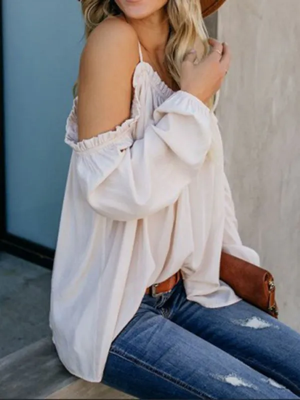 Solid Color One-shoulder Loose Long-sleeved Sling Shirt