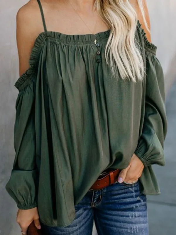 Solid Color One-shoulder Loose Long-sleeved Sling Shirt