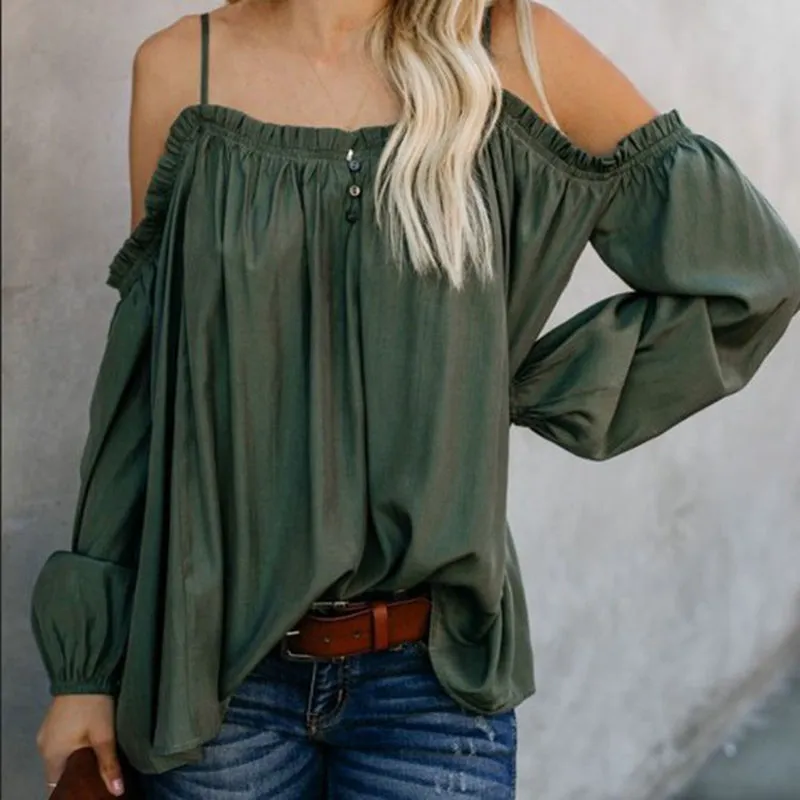 Solid Color One-shoulder Loose Long-sleeved Sling Shirt