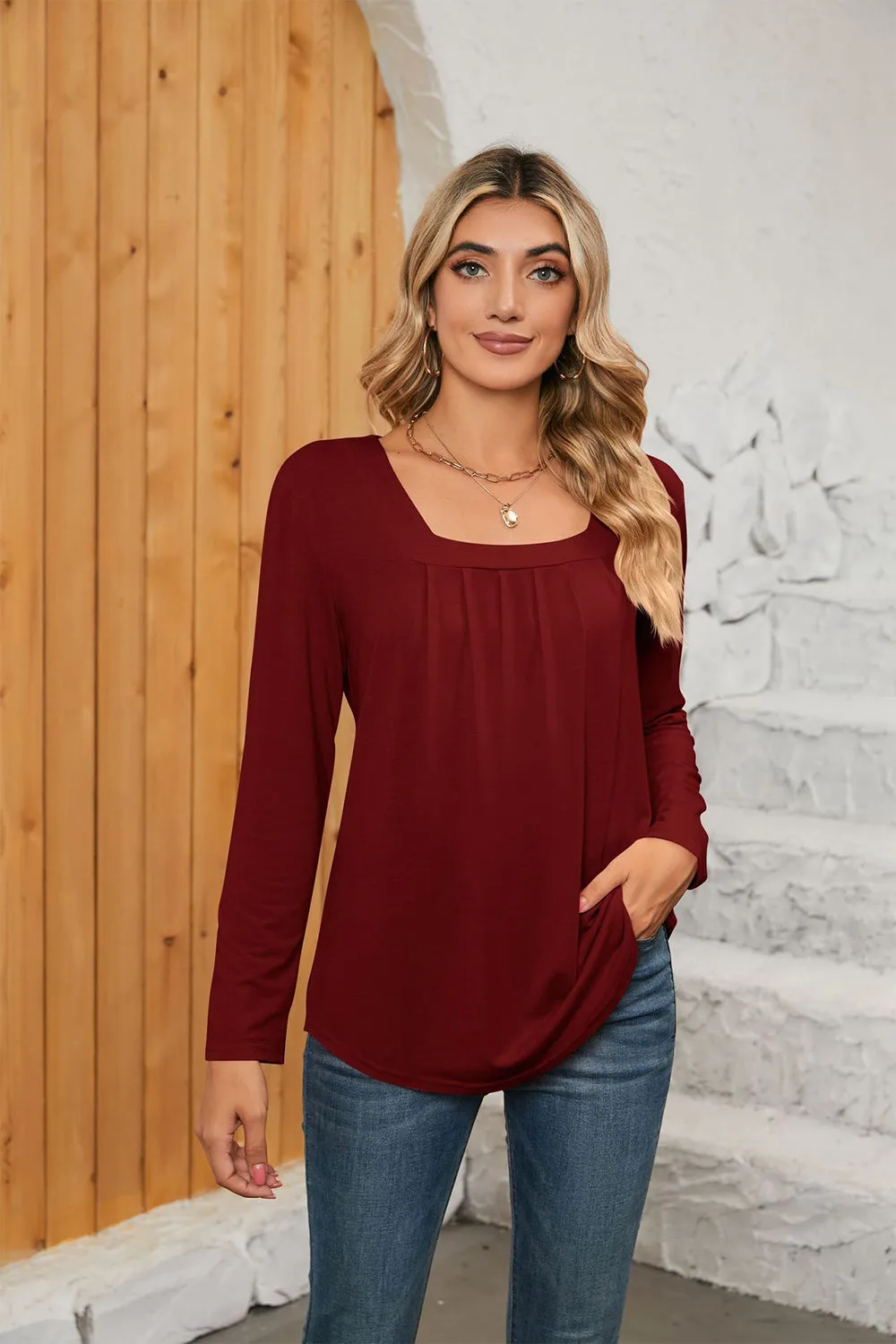 Square Neck Long Sleeve Top (7 Colors)