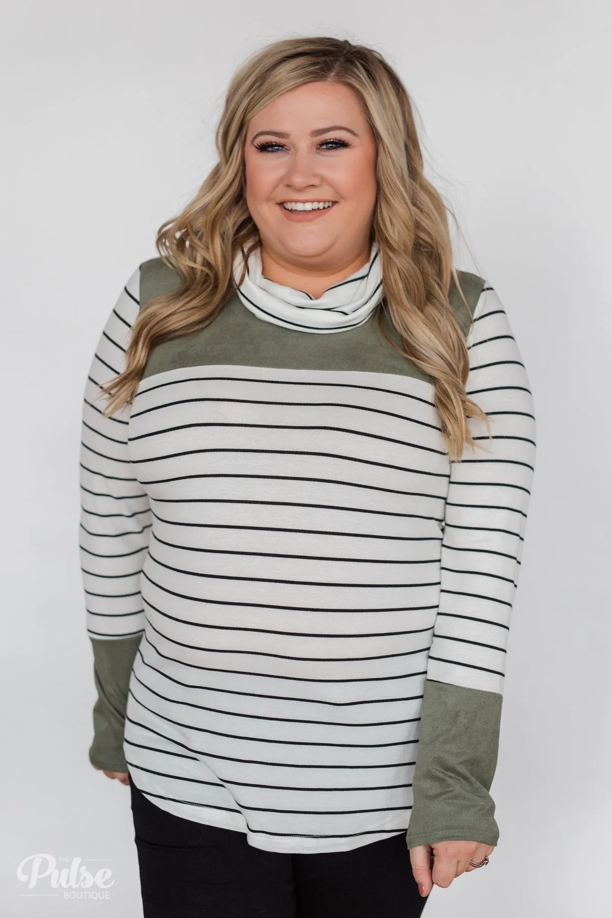Stripe & Suede Cowl Neck Top- White & Green
