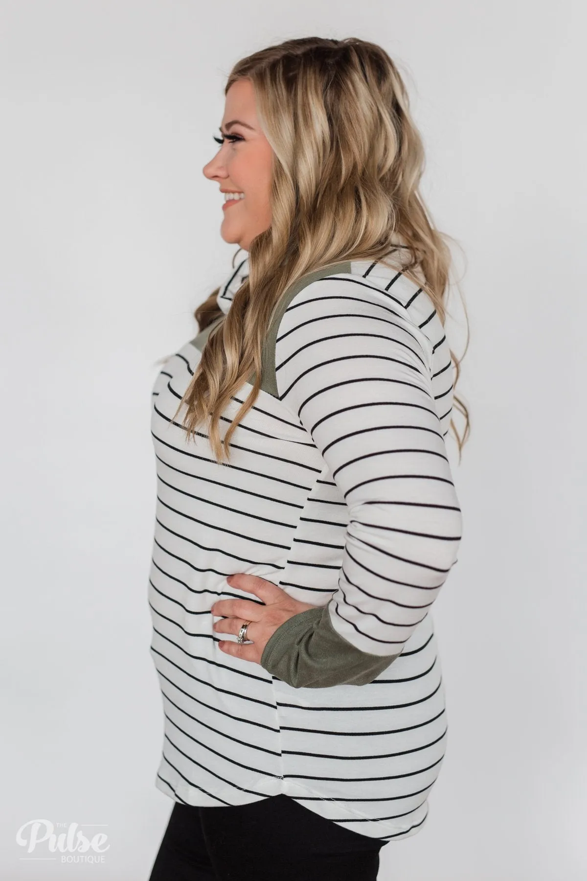 Stripe & Suede Cowl Neck Top- White & Green