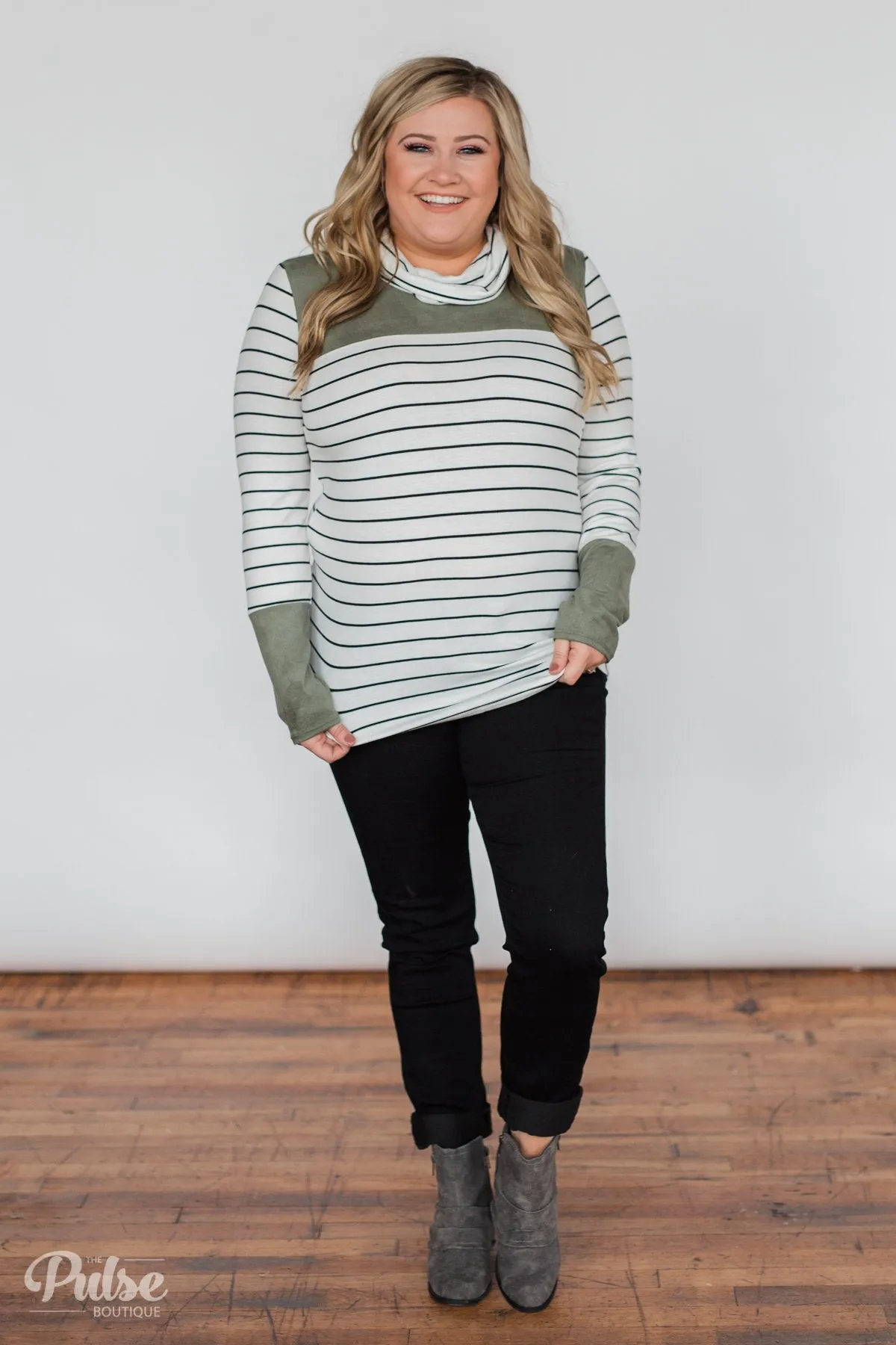 Stripe & Suede Cowl Neck Top- White & Green