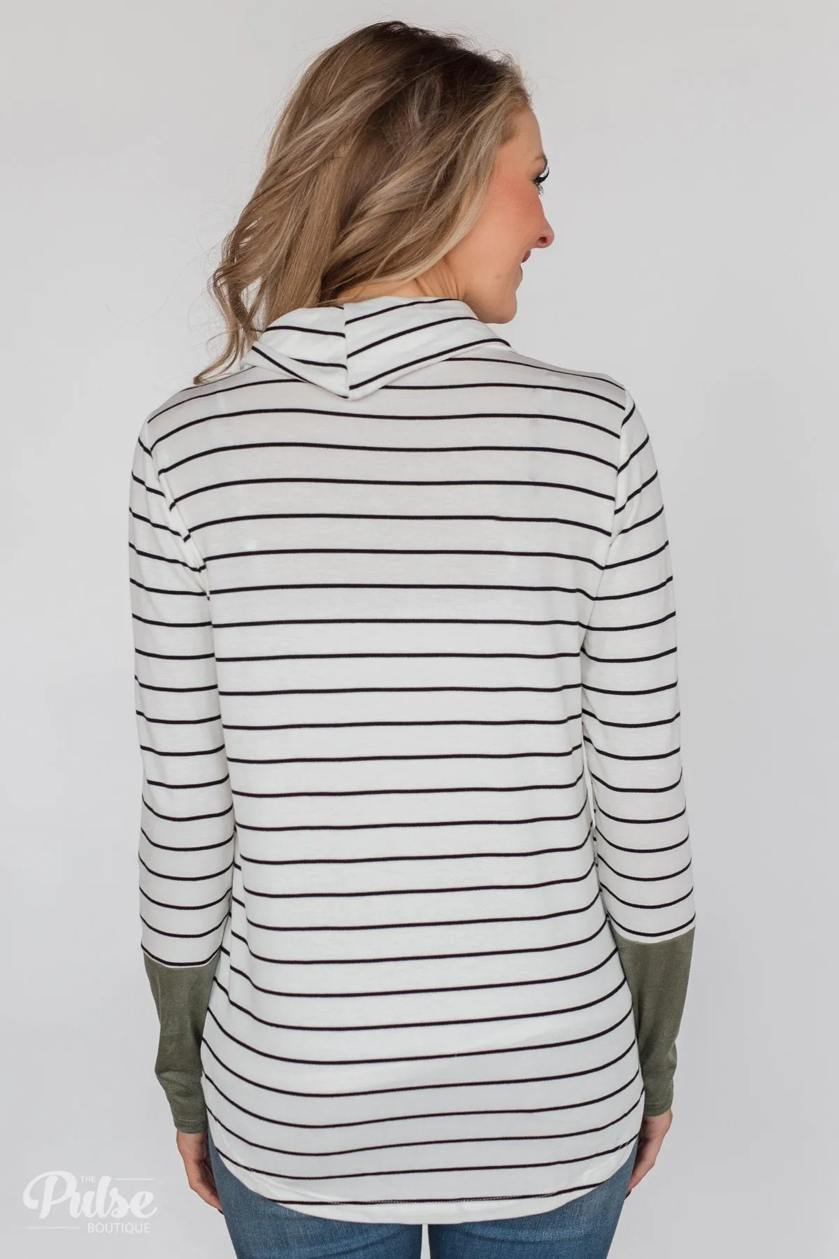Stripe & Suede Cowl Neck Top- White & Green