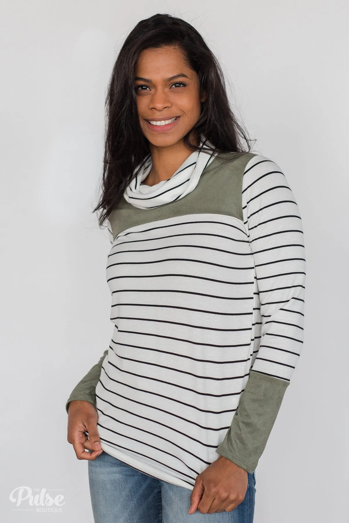Stripe & Suede Cowl Neck Top- White & Green