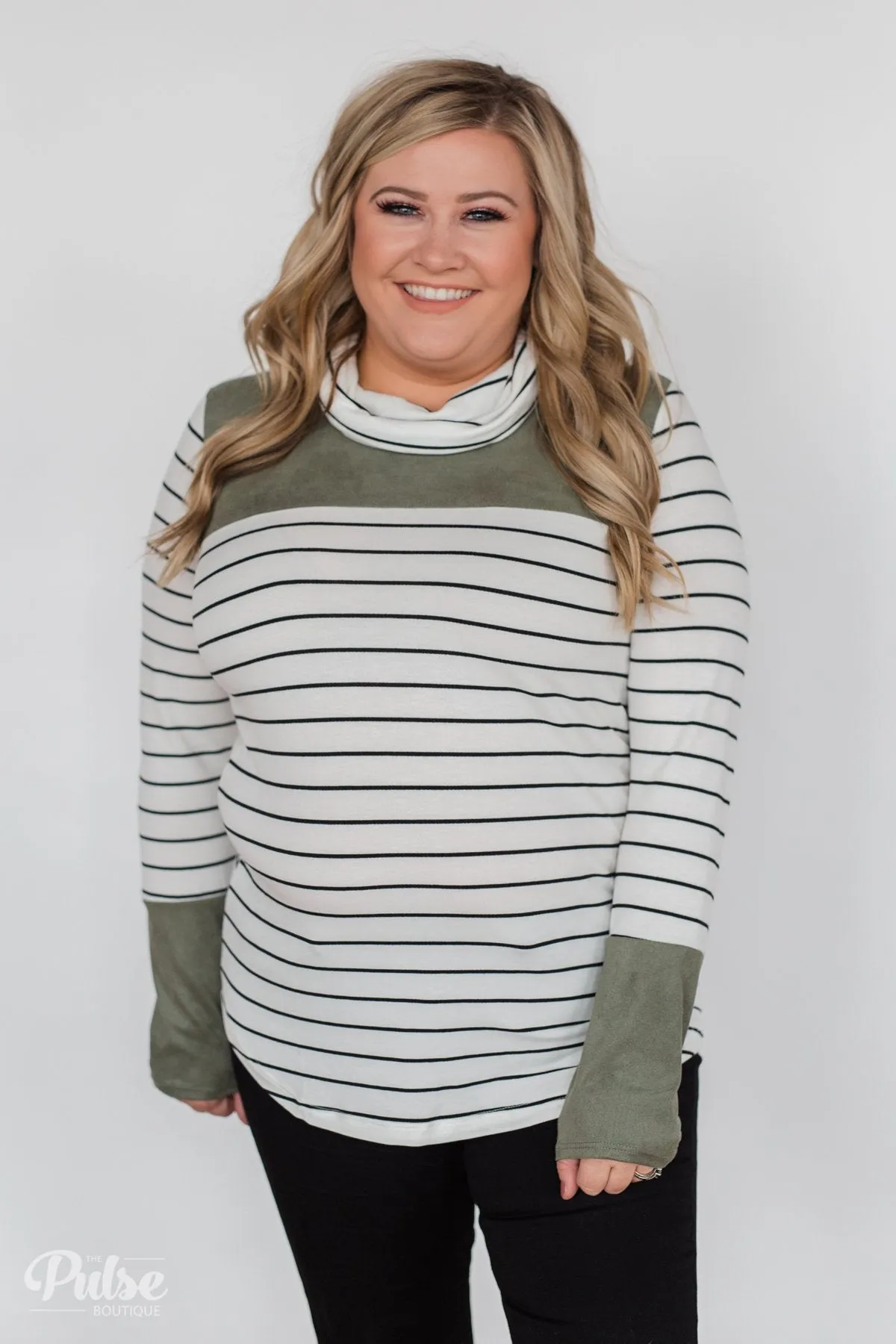 Stripe & Suede Cowl Neck Top- White & Green